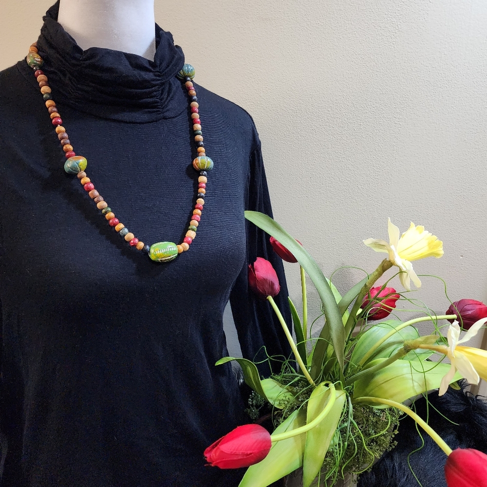 Vintage Boho Colorful Wooden Beaded Statement Necklace